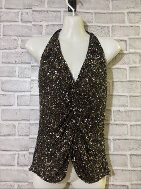 Scala Sequined Halter V-Neck Top in Bronze, size large
